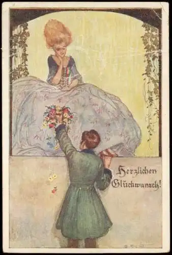 Künstlerkarte Gemälde Art: Gratulation Mann schenkt Frau Blumen 1917