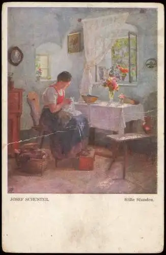 Künstlerkarte (Gemälde Kunstwerke) JOSEF SCHUSTER Stille Stunden 1910