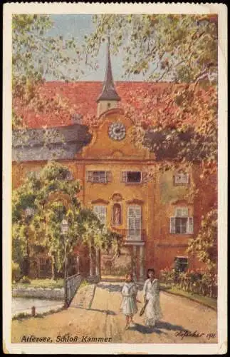 Unterach am Attersee Attersee, Schloß Kammer (signierte Künstlerkarte) 1920