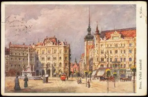 Postcard Brünn Brno Straße, Tram, Stadt-Ansicht (Künstlerkarte) 1915