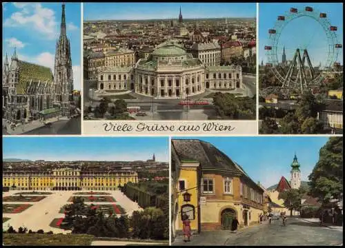 Wien Mehrbild-AK u.a. mit Riesenrad im Prater Schloß Schönbrunn Grinzing   1987