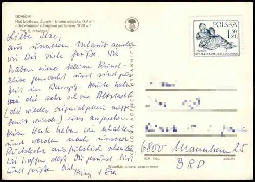 Postcard Danzig Gdańsk Nad Motławą. Żuraw-brama miejska 1978