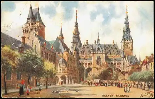 Ansichtskarte Aachen Rathaus Rathausplatz (Oilette Künstlerkarte) 1917