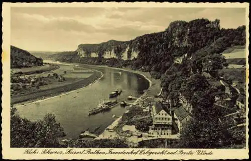 Rathen Panorama-Ansicht u.a. mit Fremdenhof Erbgericht und Bastei-Wände 1943