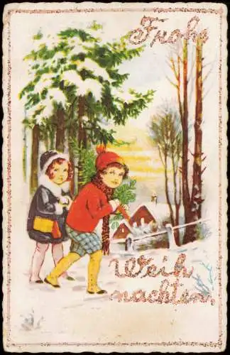 Ansichtskarte  Weihnachten - Christmas Kinder vor der Stadt 1938