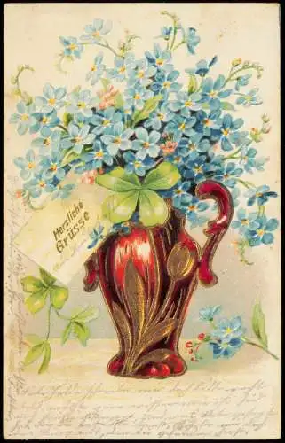 Ansichtskarte  Künstlerkarte Veilchen rote Vase mit Tulpe Gold 1905 Goldrand