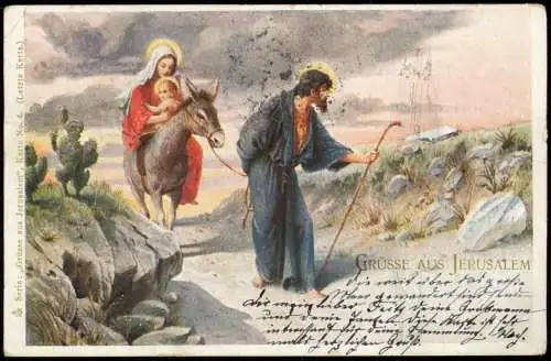 Jerusalem Jeruschalajim (רושלים) Grüsse aus. Maria Jesus auf Esel und Josef 1901