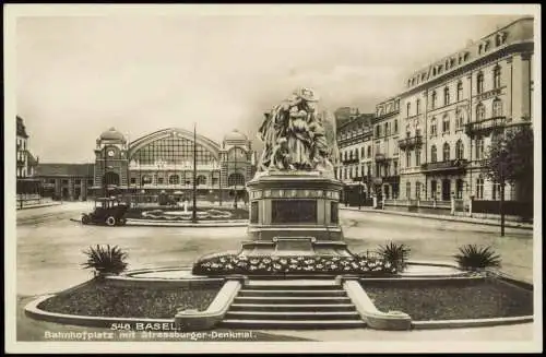 Ansichtskarte Basel Bahnhofplatz mit Strassburger-Denkmal. 1928