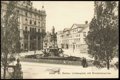 Ansichtskarte St. Gallen Lindenplatz mit Broderbrunnen. 1912