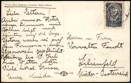 Ansichtskarte Lermoos Hotel Drei Mohren Lermos Tirol 1922