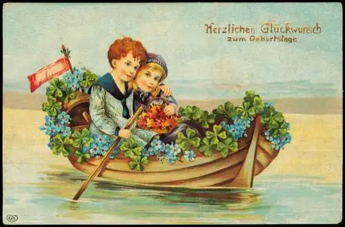Geburtstag Birthday Junge und Mädchen im Boot voller Blumen 1912