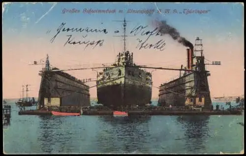 Hamburg Großes Schwimmdock m. Linienschiff M. S. Thüringen 1926