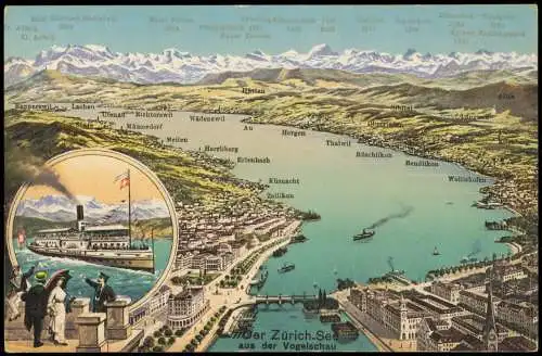 Ansichtskarte Zürich Zürisee Zürichsee 2 Bild Landkarten AK Dampfer 1912