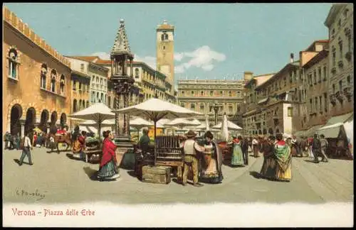 Cartoline Verona Verona Piazza delle Erbe - Künstlerkarte 1911