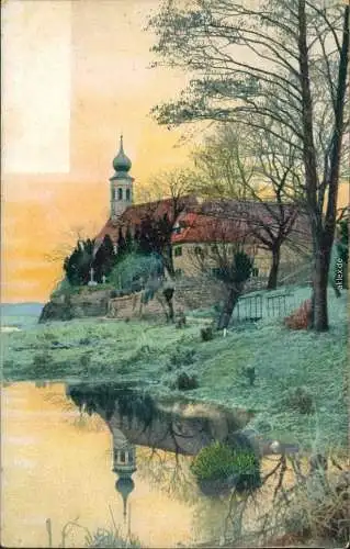 Hosterwitz-Dresden Kirche Maria am Wasser mit Fridhof an der Elbe 1900