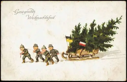 Ansichtskarte  Weihnachten - Christmas Soldaten ziehen Weihnachtsbahn 1917