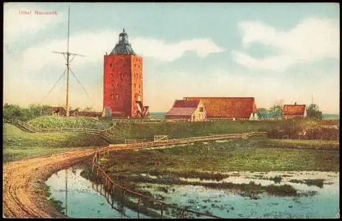 Ansichtskarte Insel Neuwerk-Hamburg Leuchtturm Gehöft von der Landseite 1912