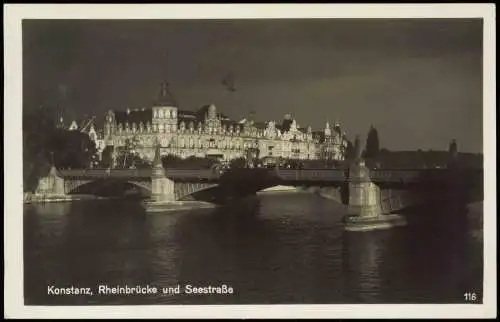 Ansichtskarte Konstanz Rheinbrücke und Seestraße bei Nacht 1937