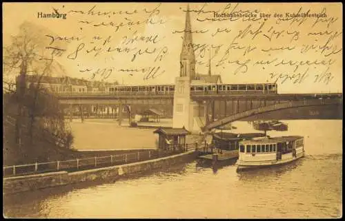 Ansichtskarte Hamburg Hochbahnbrücke über den Kuhmühlenteich 1912