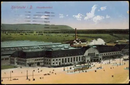 Ansichtskarte Karlsruhe Hauptbahnhof Fabrik und Fernblick 1915