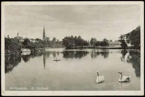 Ansichtskarte Arras-Geringswalde Großteich Schwäne 1947