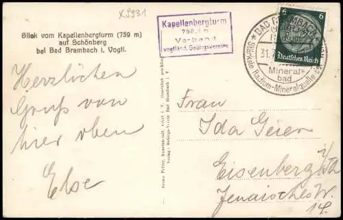 Ansichtskarte Schönberg-Bad Brambach Blick vom Kapellenberg 1933