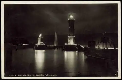 Ansichtskarte Lindau (Bodensee) Hafeneinfahrt bei Seehafen Beleuchtung. 1934