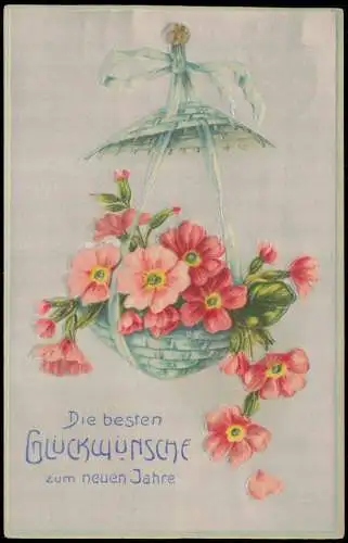 Neujahr Sylvester New Year Bouquett mit roten Blumen 1909 Prägekarte