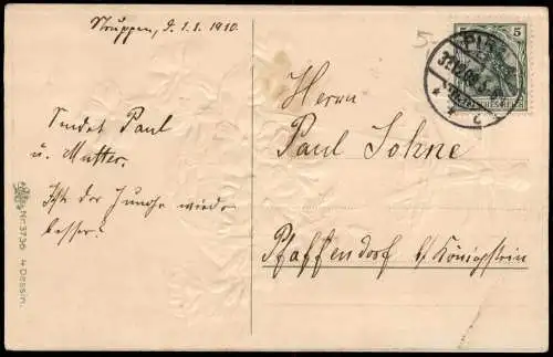 Neujahr Sylvester New Year Bouquett mit roten Blumen 1909 Prägekarte