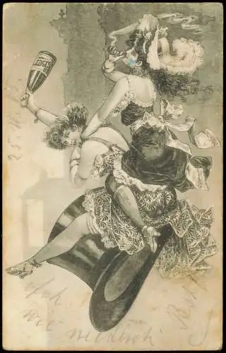 Reklame & Werbung Sekt Frauen in Dessous reiten auf Zylinder 1909