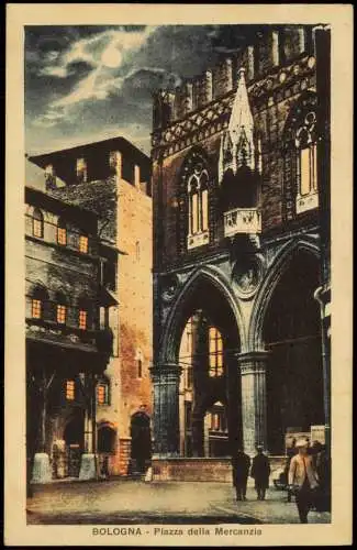 Cartolina Bologna Piazza della Mercanzia bei Mondschein 1928