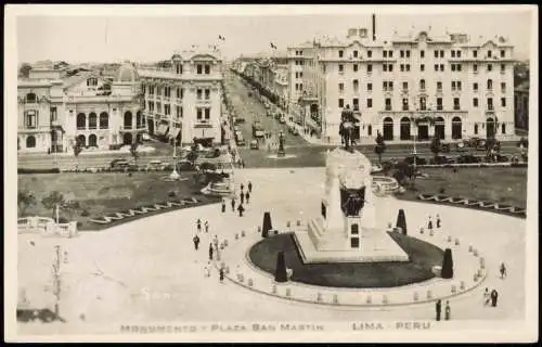 Postcard Lima MONUMENTO Y PLAZA SAN MARTIN Peru 1930