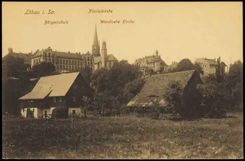 Ansichtskarte Löbau Kirchen und Bauernhäuser 1913