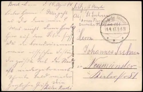 Brest-Litowsk Brześć Брэст oder Берасьце Straße 1. WK 1917 gel. Feldpoststempel