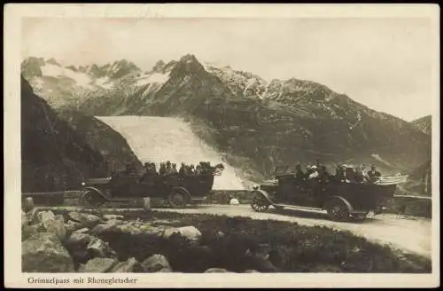 Ansichtskarte Gletsch Grimselpass mit Rhonegletscher Ausflugsbusse 1922