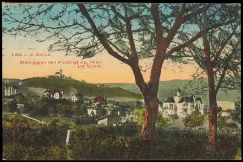 Ansichtskarte Linz Blick gegen den Pöstlingberg, Villen und Schule. 1913