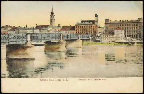 Ansichtskarte Linz Brücke von Urfahr aus 1908