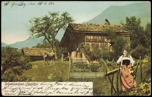 Ansichtskarte Gletsch Bäuerin vor dem Schweizerhaus 1903