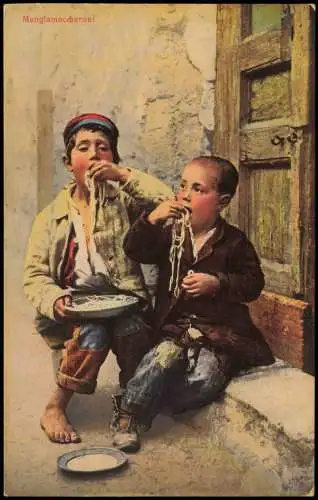 Cartolina .Italien Italia Mangiamaccheroni Jungen beim Pasta essen 1912