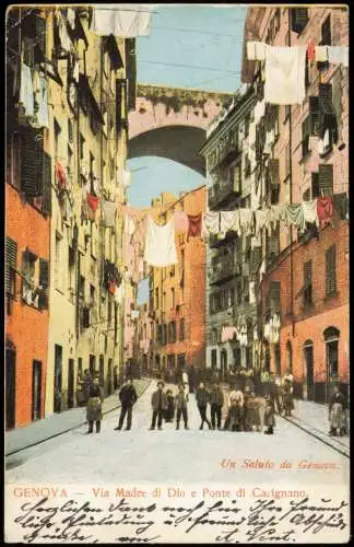 Cartolina Genua Genova (Zena) Via Madre di Dio e Ponte di Carignano. 1904