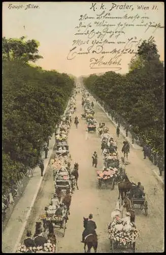 Ansichtskarte Wien Prater Haupt-Allee geschmückte Kutschen 1909