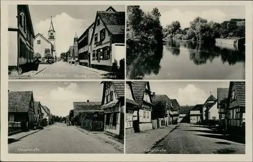 Neuburg am Rhein Mehrbild-AK mit Hauptstrasse, Kirche, Schulhaus 1940