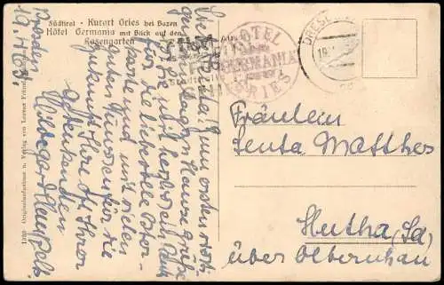 Cartolina Gries-Bozen Bolzano Hotel Germania 1919