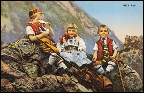 Ansichtskarte Kinder als Bergsteiger in den Alpen 1914  Helvetia Schweiz