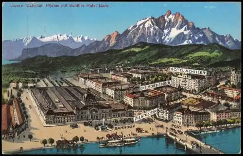 Ansichtskarte Luzern Lucerna Bahnhof. Pilatus mit Schiller Hotel Garni 1929