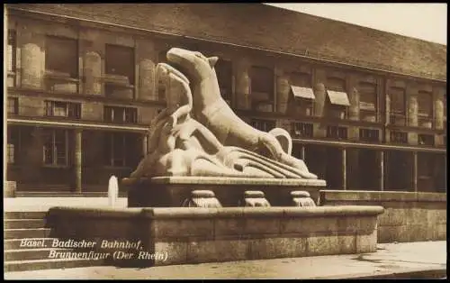 Ansichtskarte Basel Badischer Bahnhof, Brunnenfigur - Der Rhein 1923