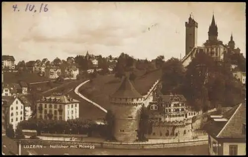 Ansichtskarte Luzern Lucerna Nöllitbor mit Musegg - Fotokarte 1916