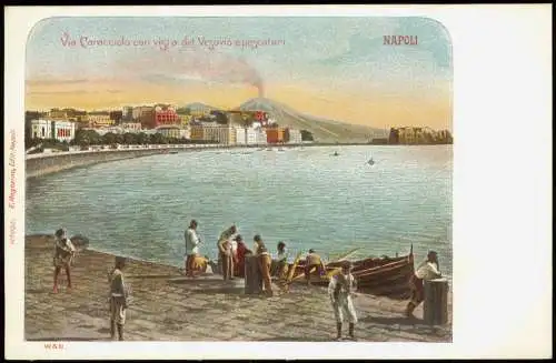 Neapel Napoli Via Caracciolo con vista del Vesuvio e pescatori. 1906