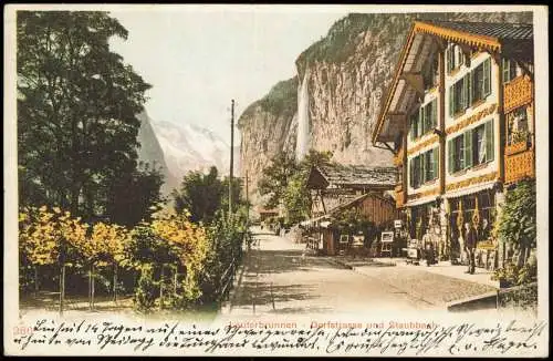 Ansichtskarte Lauterbrunnen Dorfstrasse und Staubbach 1901