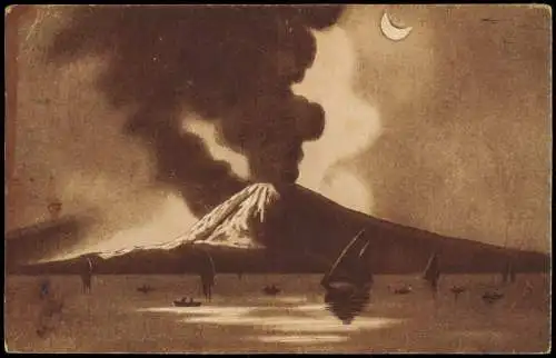 Cartolina Neapel Napoli Vesuv Vesuvio un eruzione bei Mondschein 1925